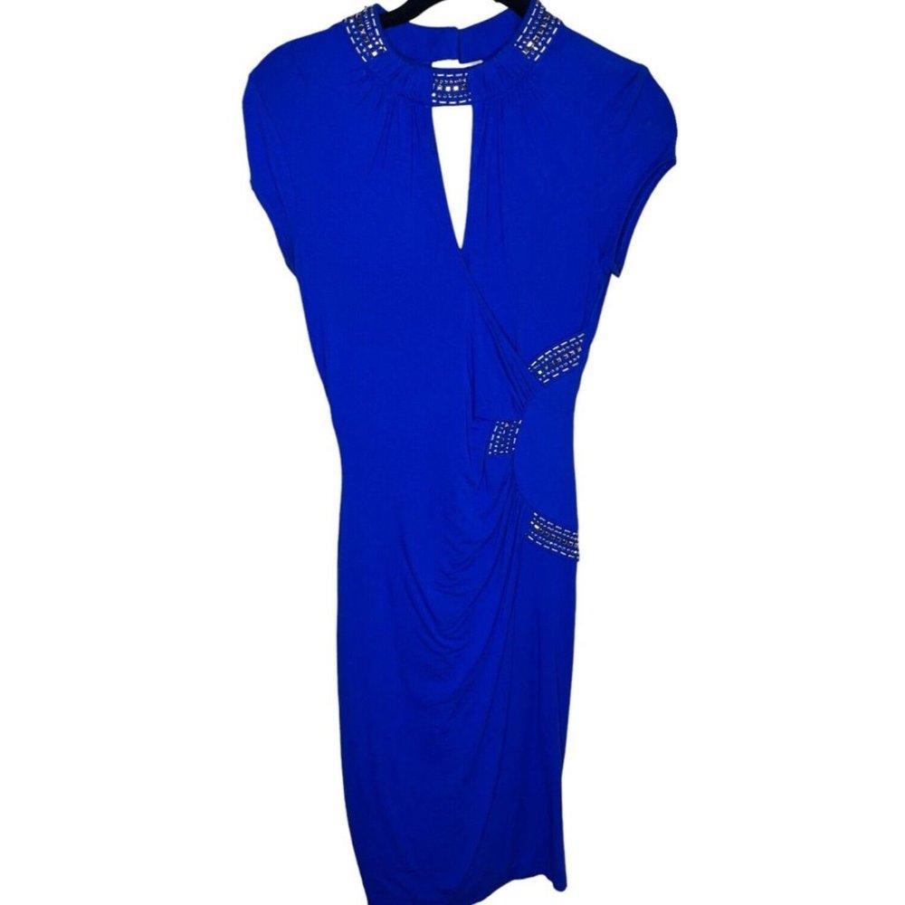 Sexy Cache Evening Dress XS Blue Bodycon Stretch keyhole Embellished Faux Wrap